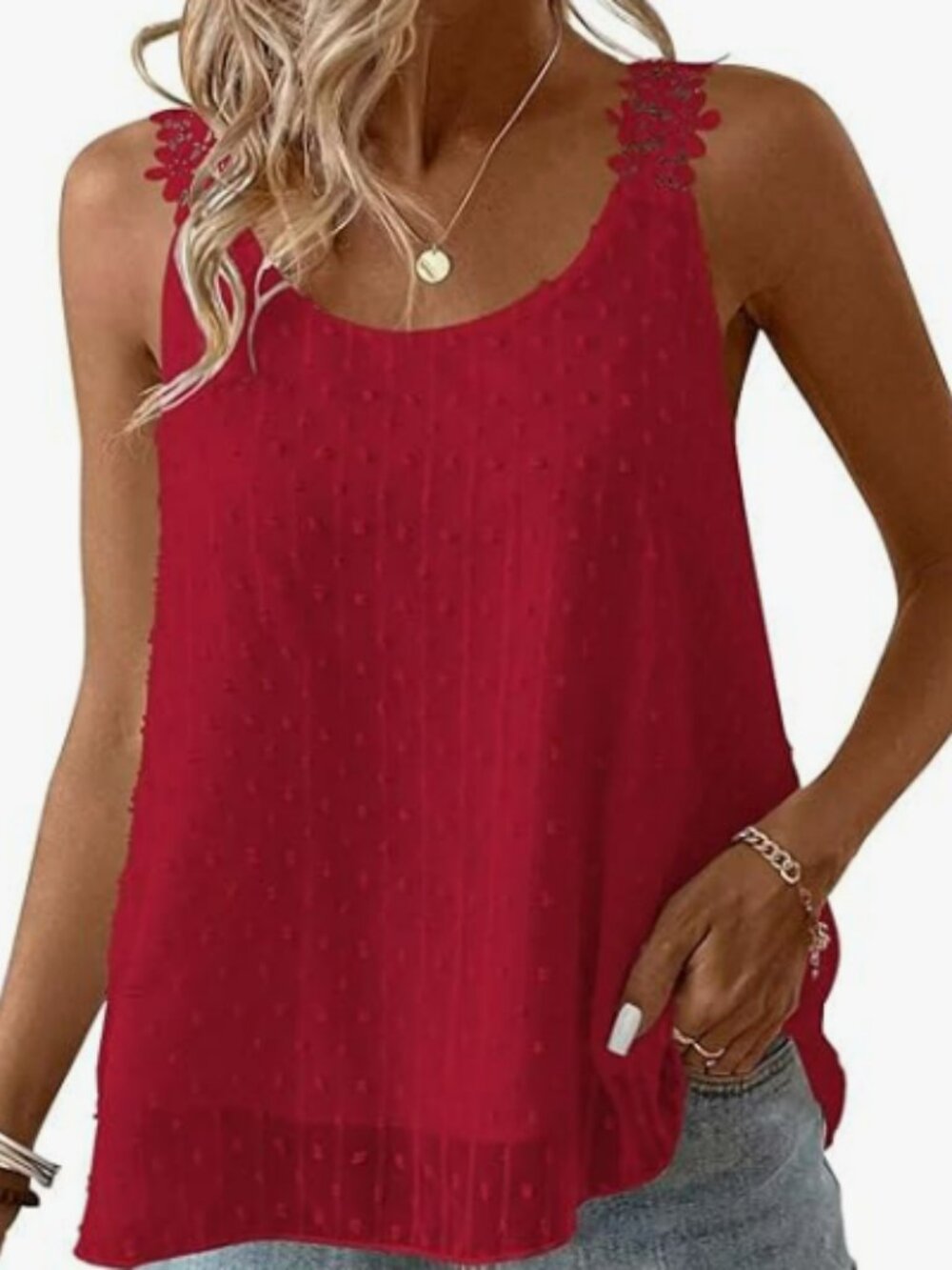 Womens Tank Tops Flowy Sleeveless Summer Boho  Lace Tank Top Crew Neck - Medium